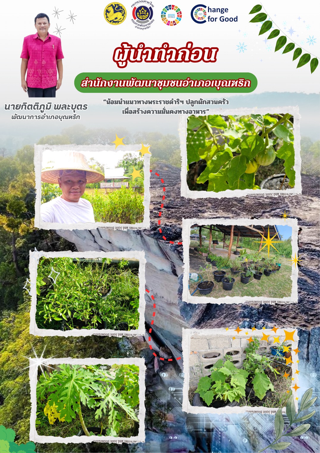 นายกิตติภูมิ พละบุตร พัฒนาการอำเภอบุณฑริก น้อมนำแนวพระราชดำริของสมเด็จพระกนิษฐาธิราชเจ้า กรมสมเด็จพระเทพรัตนราชสุดาฯสยามบรมราชกุมารี สู่ปฏิบัติการปลูกผักสวนครัว เพื่อสร้างความมั่นคงทางอาหาร ประจำปีงบประมาณ พ.ศ.2569 กิจกรรม "ผู้นำทำก่อน"