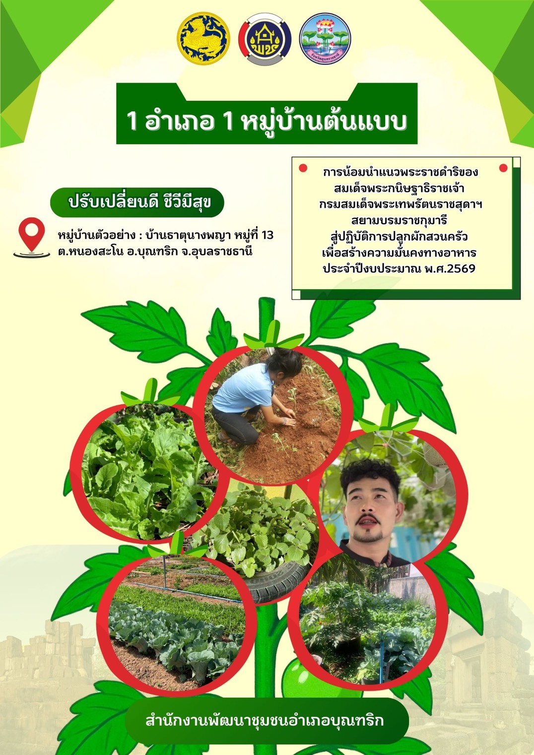 พช.อำเภอบุณฑริก ส่งเสริมการปลูกผักสวนครัวเพื่อสร้างความมั่นคงทางอาหาร กิจกรรมส่งเสริมการปลูกผักสวนครัว ( 1 อำเภอ 1 หมู่บ้านต้นแบบ) ตามแนวทาง "ปลูกทุกอย่างที่กิน กินทุกอย่างที่ปลูก" หมู่บ้านตัวอย่าง : บ้านธาตุนางพญา หมู่ที่ 13 ต.หนองสะโน อ.บุณฑริก จ.อุบลราชธานี